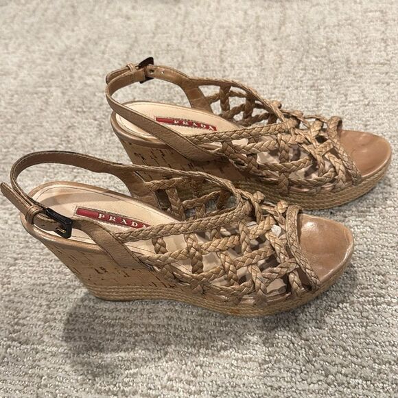 Prada Beige Braided Wedge Sandals Size 37.5 Authentic! - Picture 2 of 14